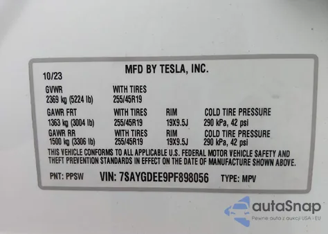 2023 Tesla Model Y Awd/Long Range Dual Motor All-Wheel Drive z USA, uszkodzony, nr VIN 7SAYGDEE9PF898056